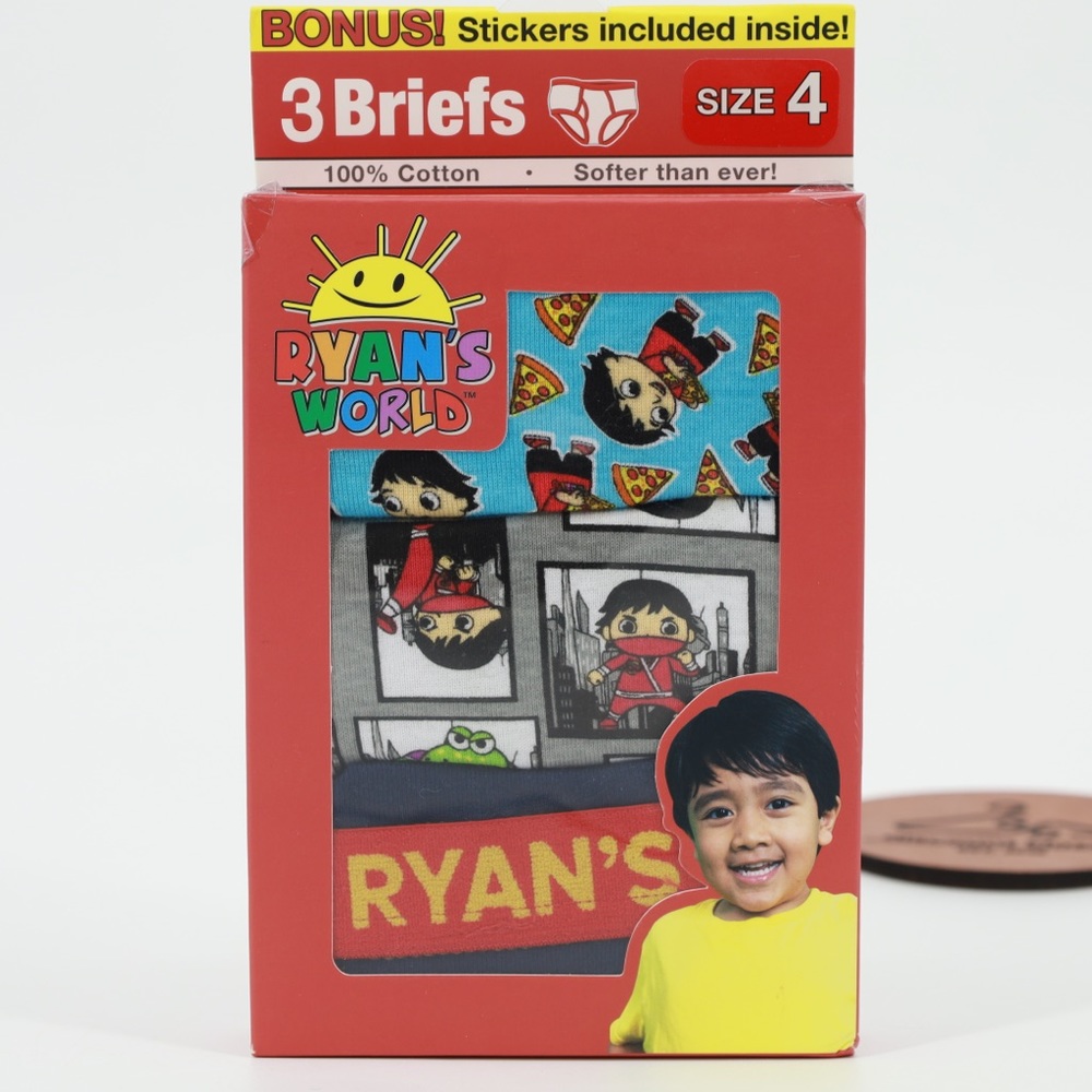 Ryans World Boys 3 Pack Briefs‎ Underwear Size 4 100% Cotton New with Stickers